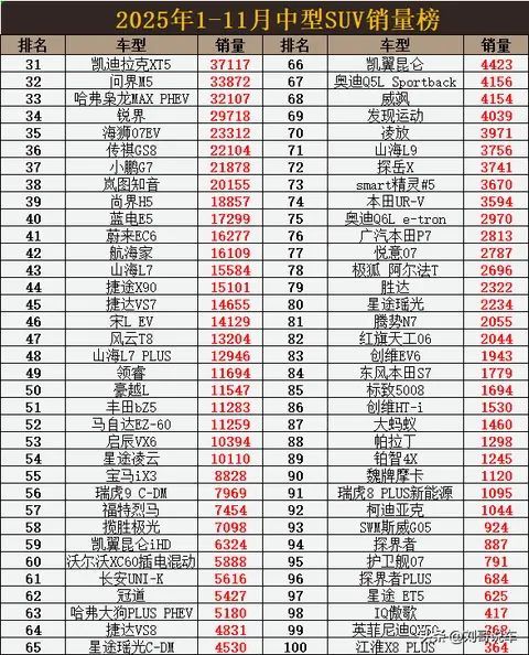 中型SUV别乱买！1-11月销量榜，途观L亚军，海狮06第10，豹5第24